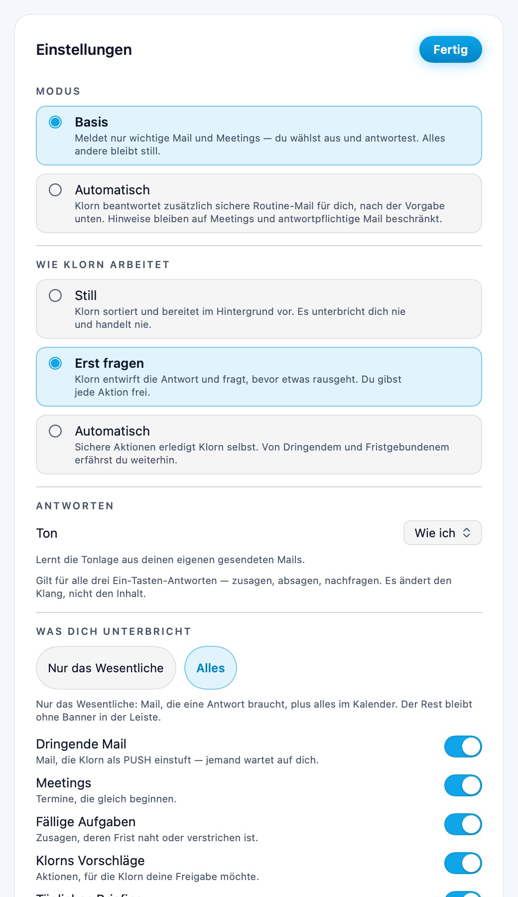Einstellungen: Agentenmodus, Antwortton, Benachrichtigungskategorien und Ruhezeiten