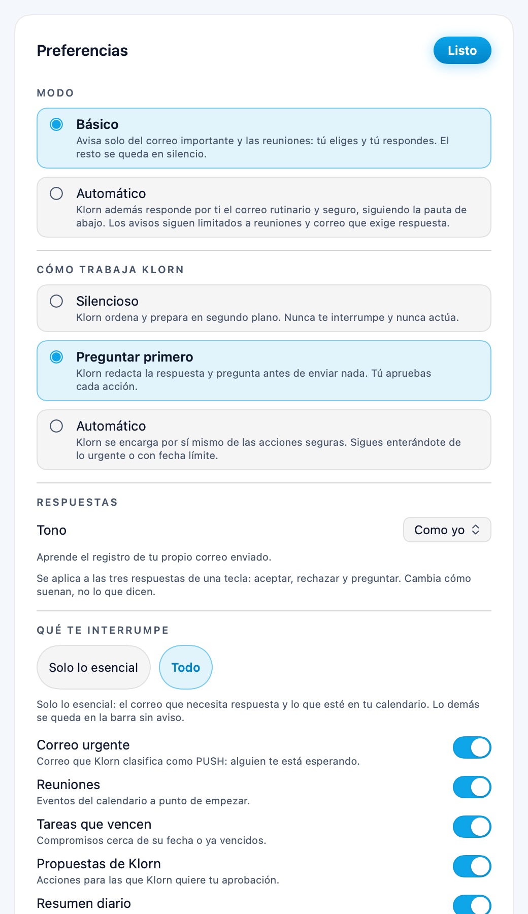 Preferencias: modo agente, tono de respuesta, categorías de aviso y horas de silencio