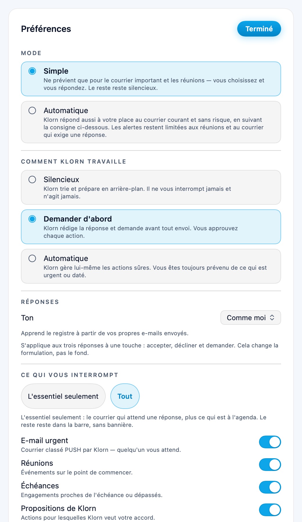 Préférences : mode agent, ton des réponses, catégories d'alertes et heures silencieuses