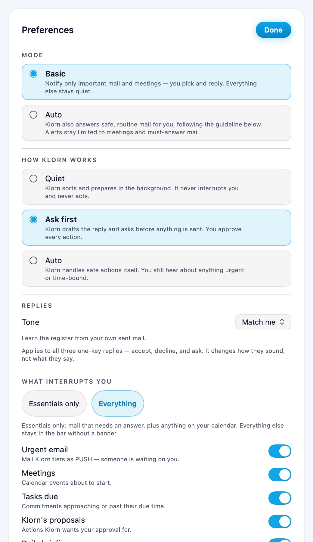 Preferences: agent mode, reply tone, alert categories and quiet hours