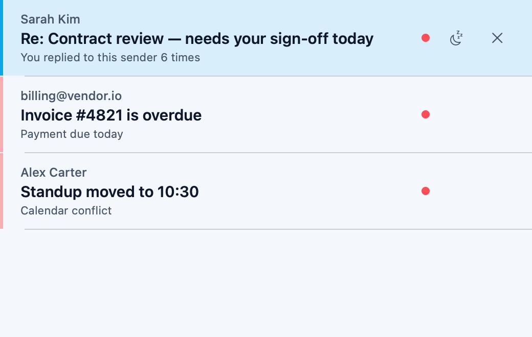 Mail rows showing sender, subject and why each landed in its tier